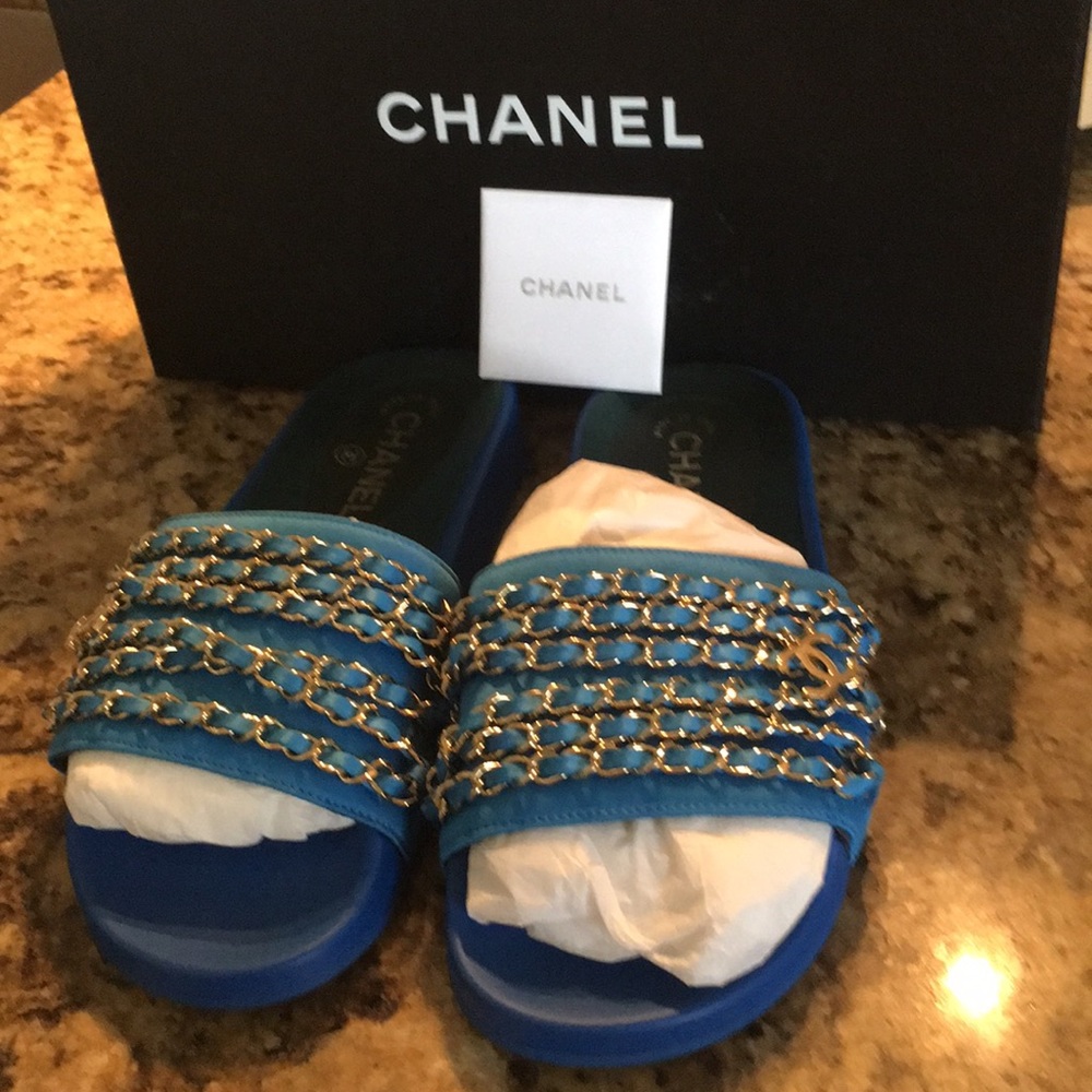 SOLD! Chanel Electric Blue Mules w/chain-ribbon